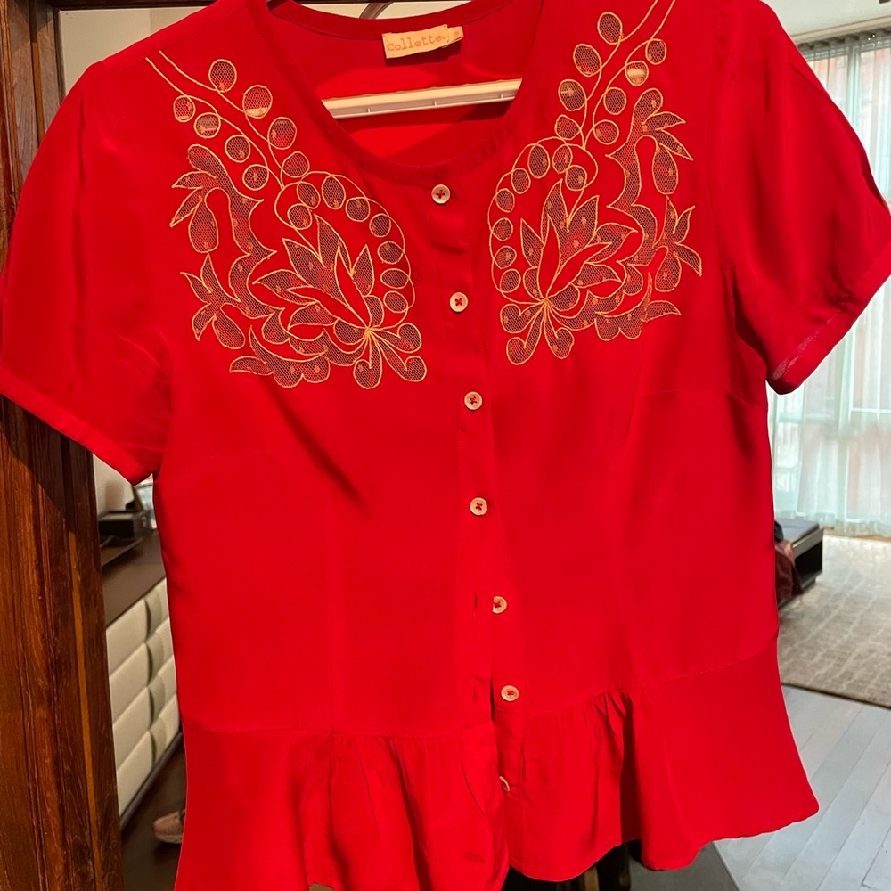 Colette Red Silk with embroidery button down shirt size small